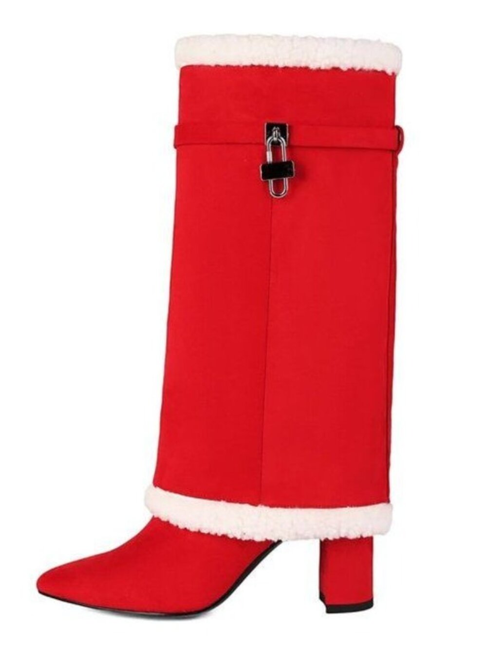 AIJIVOU Size 8 Boots Red Fold Over Padlock Mid Calf Pointed Toe Fur Trim